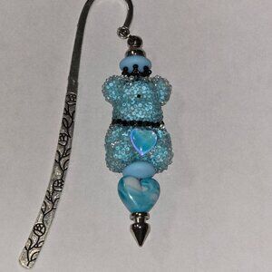 Hand Crafted Beaded Bookmark Bear Sequins Tiara Blues Silver Bookworm Love